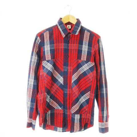 アダムキメル ADAM KIMMEL シャツ レギュラー 長袖 コットン ポケット 切替 チェック S 赤 レッド 紺 ネイビー |CK21 GY99