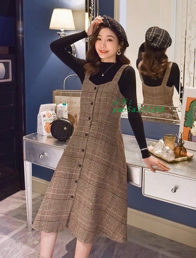 グレンチェック ジャンパースカート 秋冬 Aライン ワンピース レディース クラシカル ジャンスカ ファッション レディース ミモレ丈 大きいサイズ 3L 韓国 yan5a155188