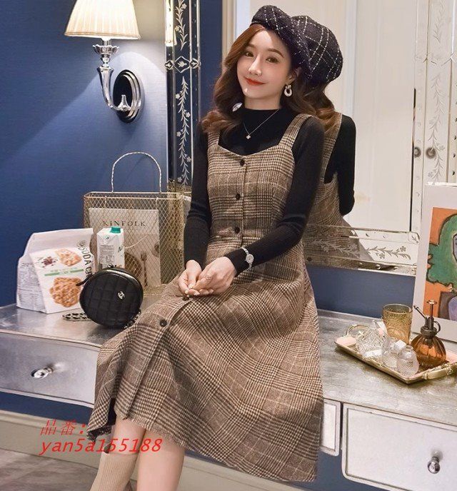 グレンチェック ジャンパースカート 秋冬 Aライン ワンピース レディース クラシカル ジャンスカ ファッション レディース ミモレ丈 大きいサイズ 3L 韓国 yan5a155188