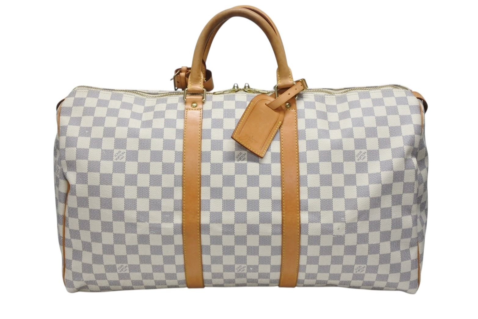 LOUIS VUITTON ルイヴィトン キーポル50 ボストンバッグ N41430 ダミエアズールキャンバス ヌメ革 ホワイト 4b008367