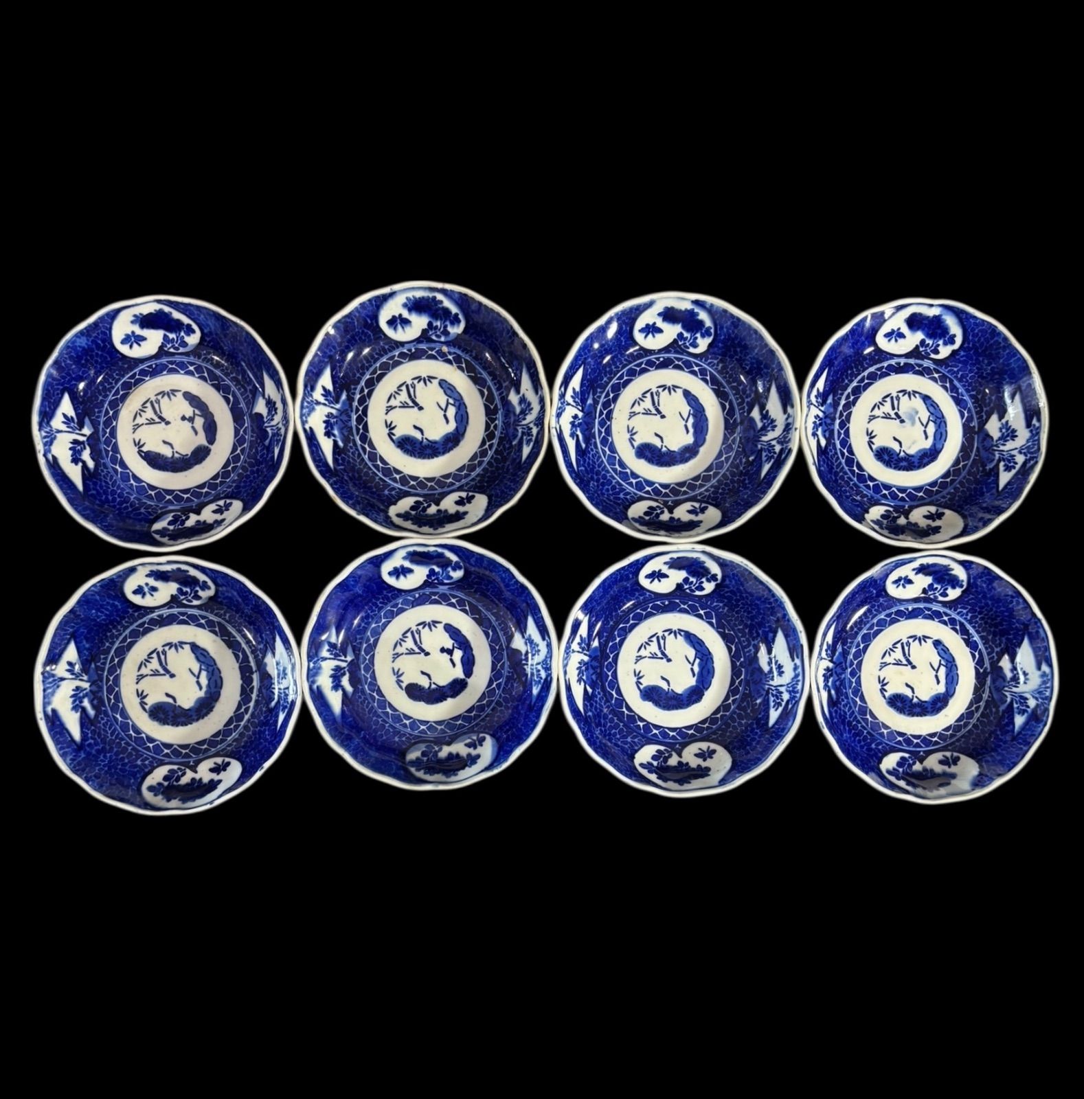 8客セット 古伊万里 染付 松竹梅草花文図 なます皿 丸皿 取り皿 飾り皿 和食器 時代物 陶器 骨董品 アンティーク