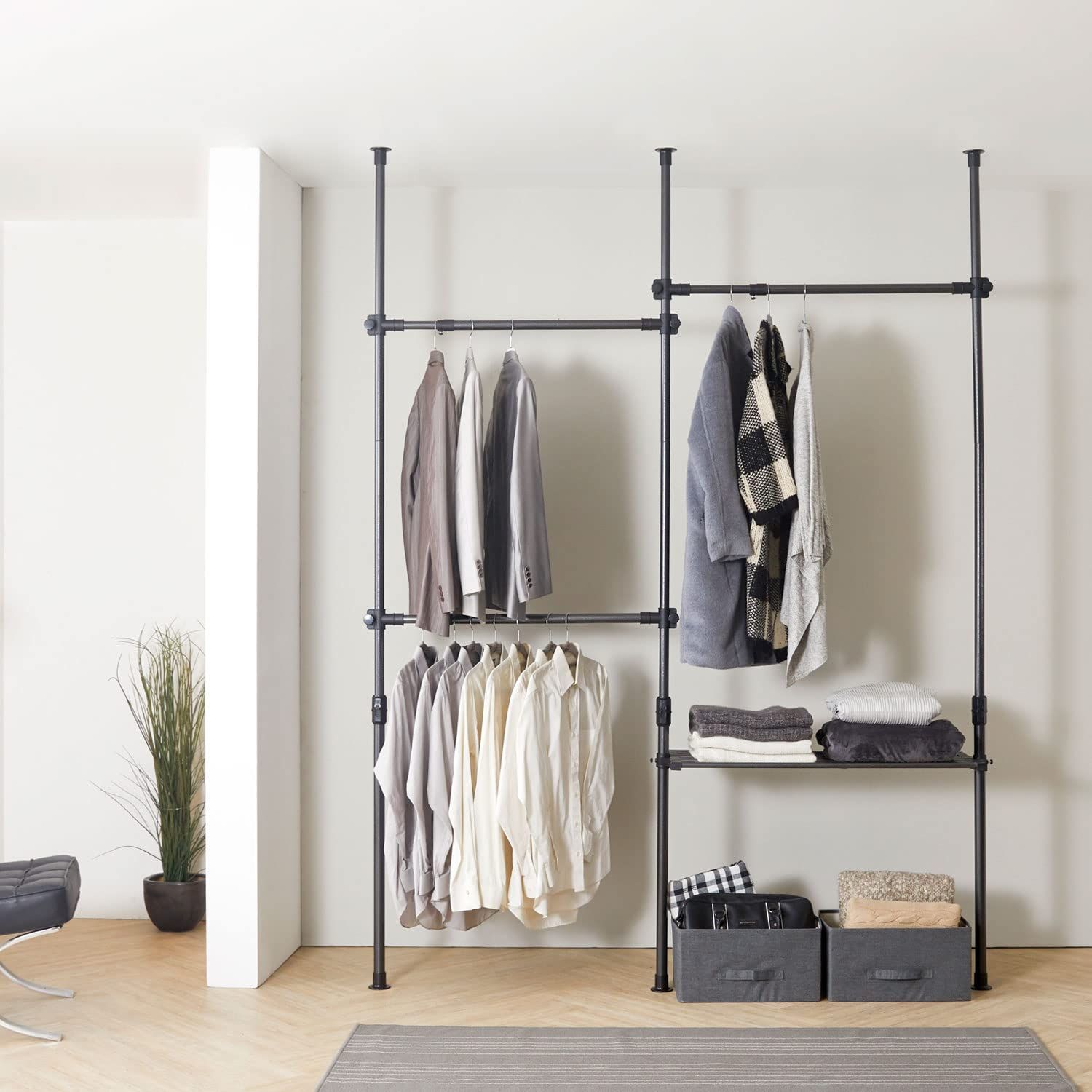 迅速発送 ハンガーラック 突っ張り ポールハンガーラック 衣類収納 壁面収納 つっぱり 省スペース 組立て簡単 高110-310cm 幅150-220cm耐荷重60kg 黒4段