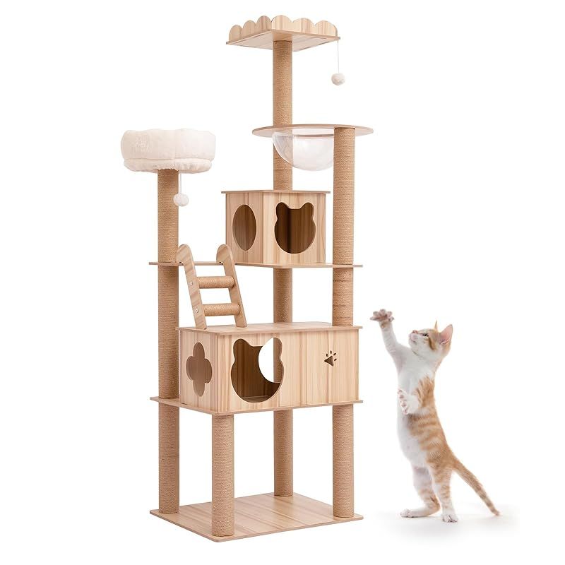 PETTOM キャットタワー 猫タワー 大型猫用 ねこハウス 木製 多頭飼い