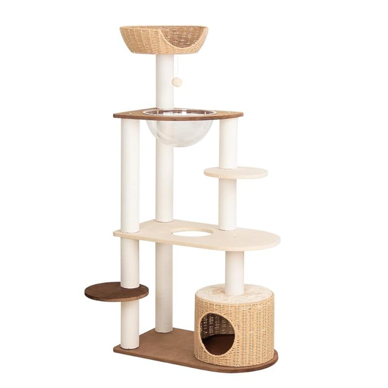 なになにLife キャットタワー 据え置き おしゃれ 大型 高さ142cm 大型猫 シニア猫 木製ボードにベルベット張り 手編みカゴ ラタン風 壁際ぴったり コーナー コンパクト 成猫 省スペース 上下しやすい インテリア性 多頭飼い スリム 夏冬兼用 0