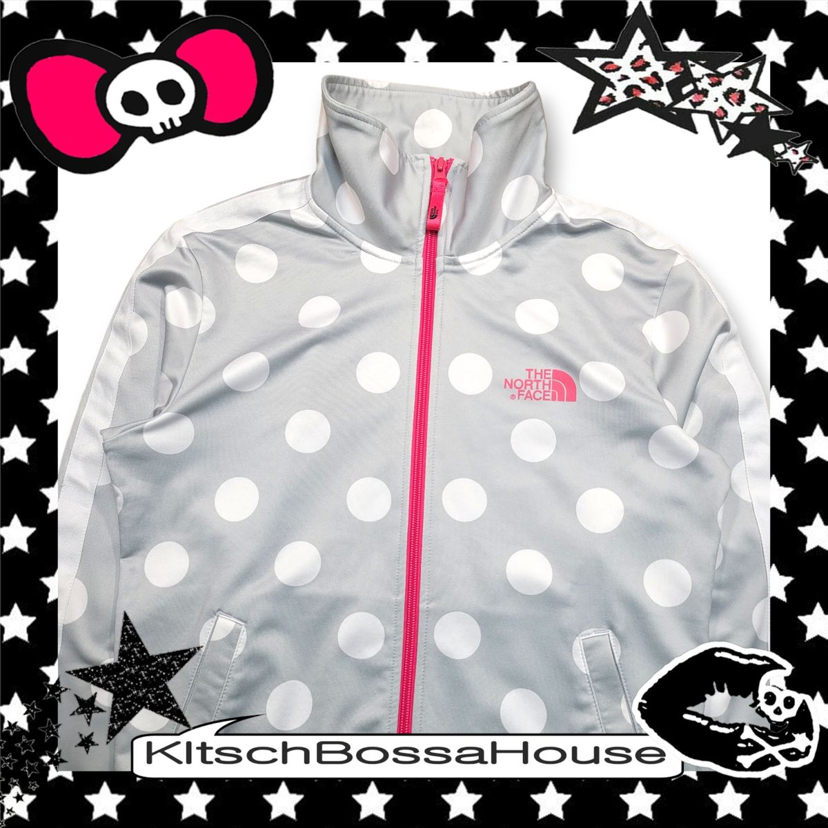 90 THE NORTH FACE ザノースフェイス グレー ピンク ドット ジャージ トラックジャージ