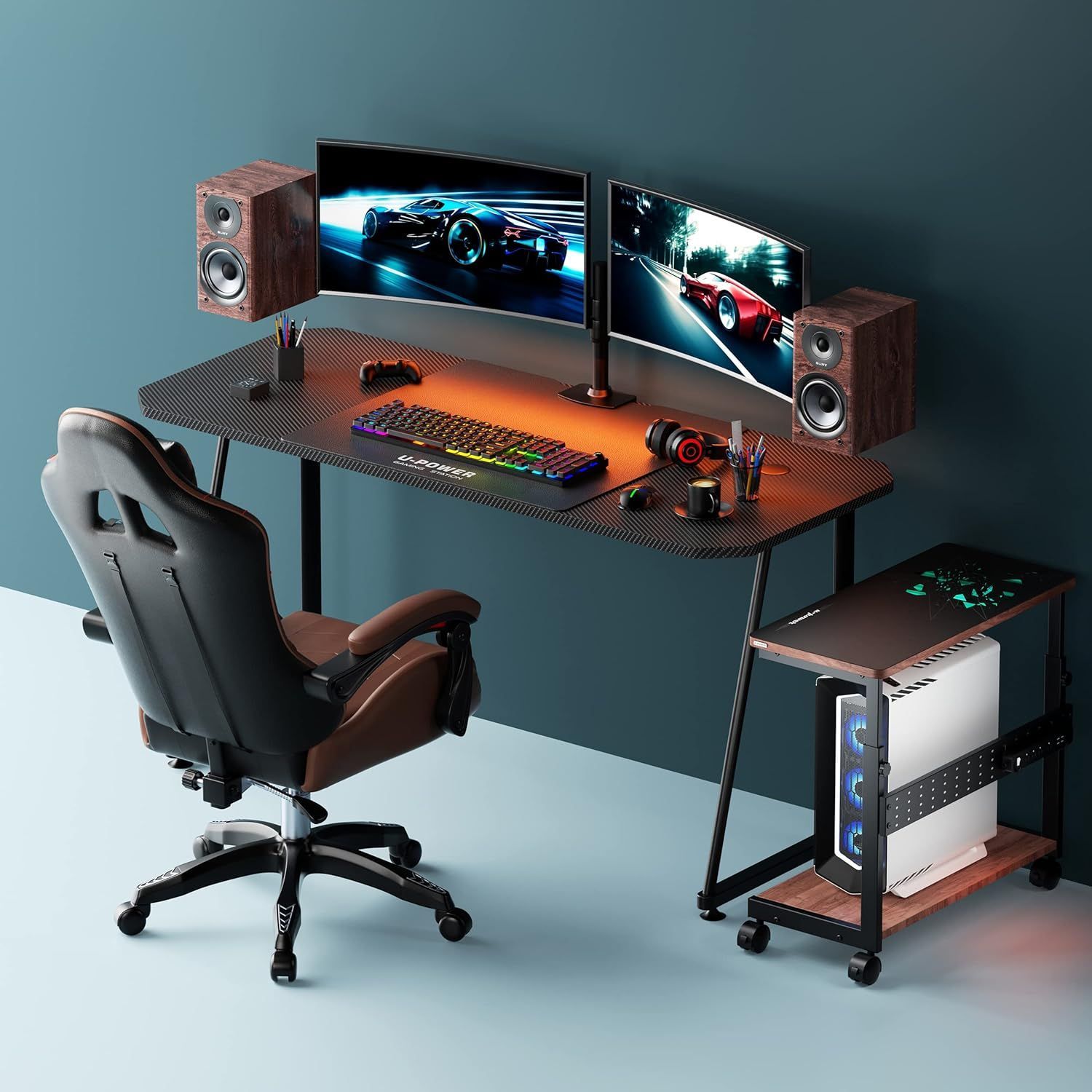 U-POWER 昇降式L字デスク PCラック パソコンラック pcワゴン 高さ調整 幅32✕奥行67x高さ60 80cm 木目調 X-1-WG