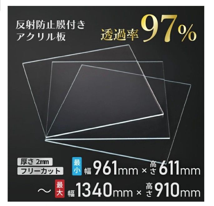 ニデック レクアアートLL 厚さ2mm 961×611～1340×910mm以内 アクリル板 フリーカット可 反射防止膜付き 透過率97％以上 帯電防止機能付き 額縁 絵画 C2AA0D205050A06