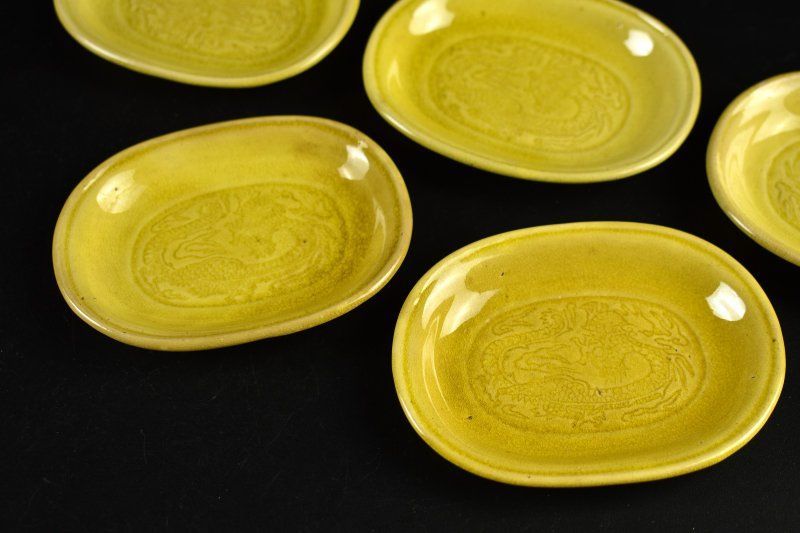 蔵A4944b 珉平焼 淡路焼 黄交趾 龍図 小判型皿 五客 民平