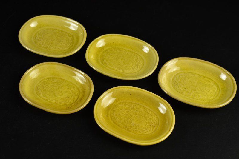 蔵A4944b 珉平焼 淡路焼 黄交趾 龍図 小判型皿 五客 民平