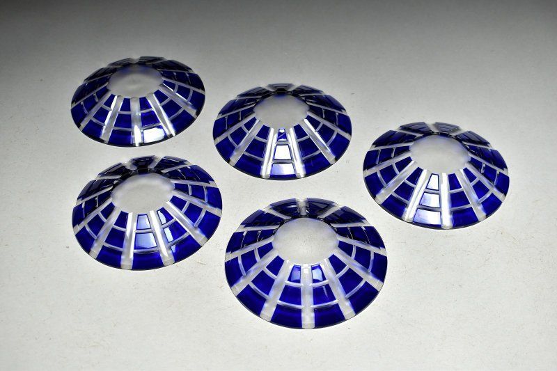 蔵A5249a ガラス 青被せ切子 小皿 銘々皿 五客