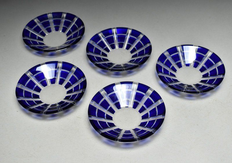 蔵A5249a ガラス 青被せ切子 小皿 銘々皿 五客