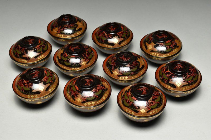 蔵A5265a 会津 秀衡塗 吸物椀 汁椀 十客