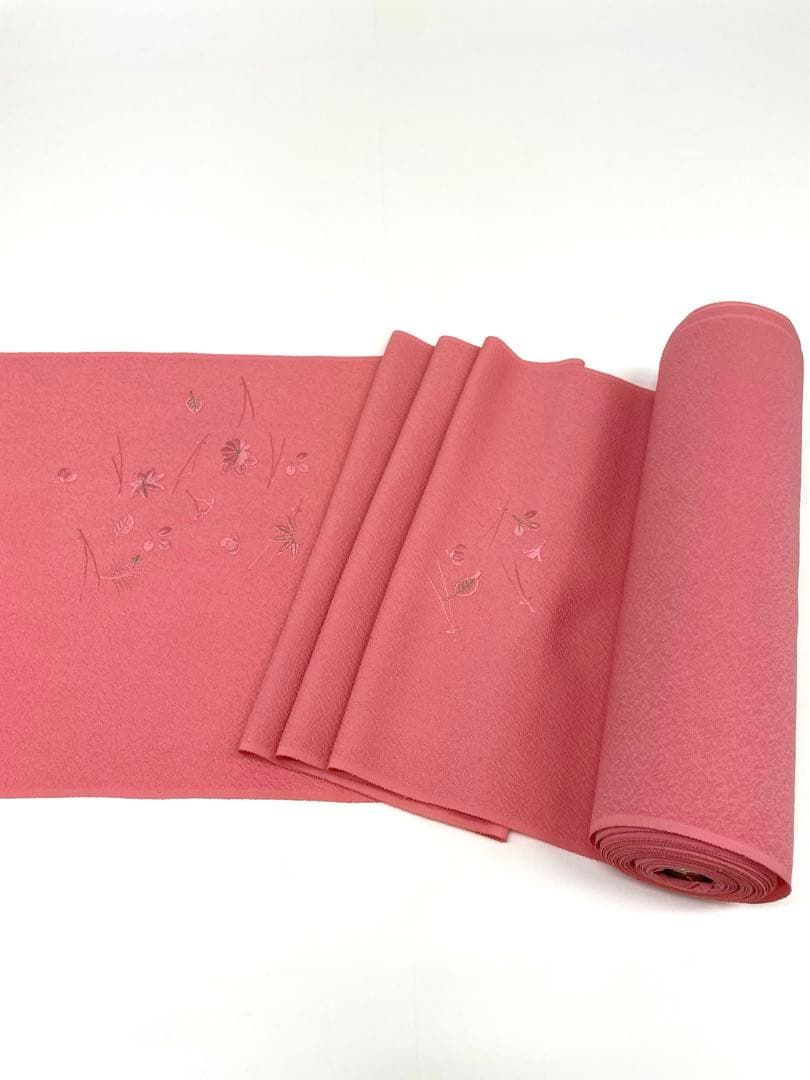 正絹 丹後ちりめん 刺繍 花喰い鳥 付下げ（八掛付き）反物（396