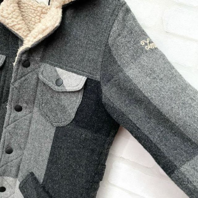 定価6万　TMT　裏ボアウールジャケット　チェック　ヘリンボーン　グレー　S 定価6万　TMT ティーエムティー　ブロックチェック　ウール　ボア　ランチジャケット　L　グレー