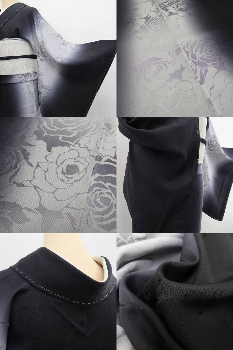 ❁tomihisa❁新品 室華風 落款 薔薇 モノトーン 着物 正絹 仕付け糸付