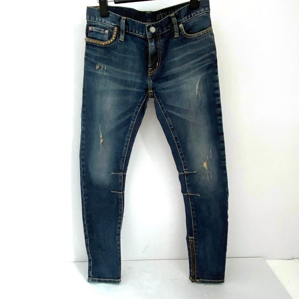 03wm21720 HYSTERIC GLAMOUR ヒステリックグラマー スキニーデニムパンツ ダメージ 裾ジップ スタッズ INDIGO レディース DECORATOM_COM_BR