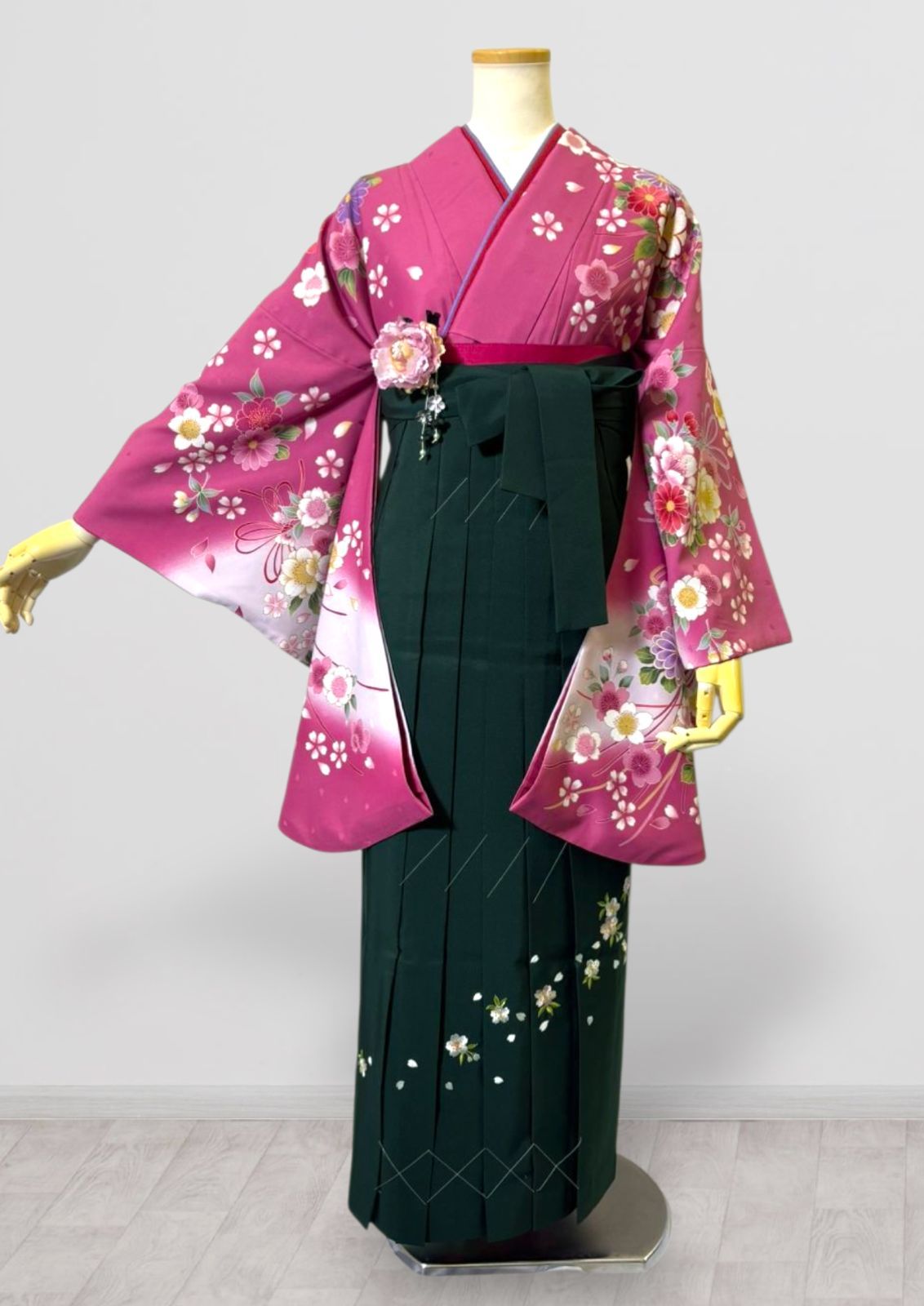 着物 袴 帯 3点セット 卒業式 に レディース袴セット 成人式 卒業式 華やか和装 ピンク 緑 桜 複合花柄 花柄 大柄 刺繍 95-28