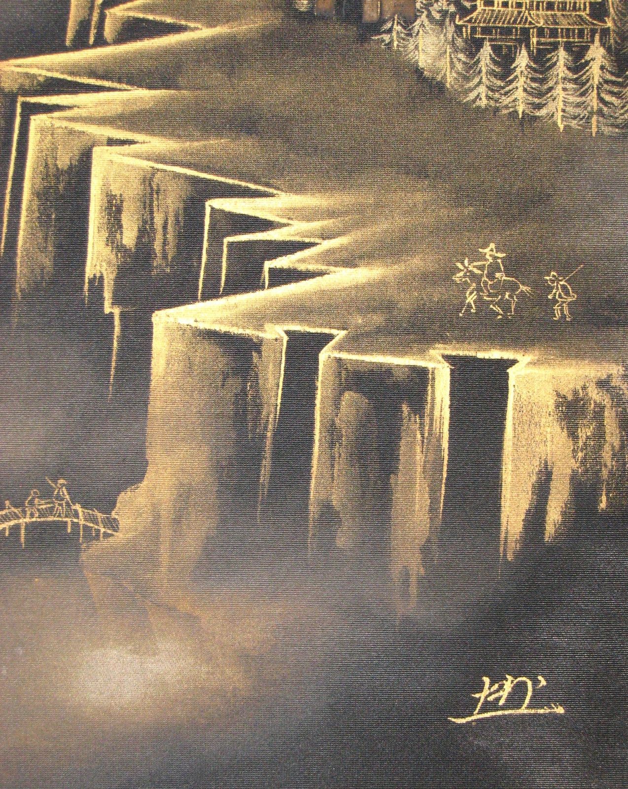 真筆】掛け軸 掛軸 百福蓬莱山◇長島博山 (黒絹本金泥) 共箱・二重箱