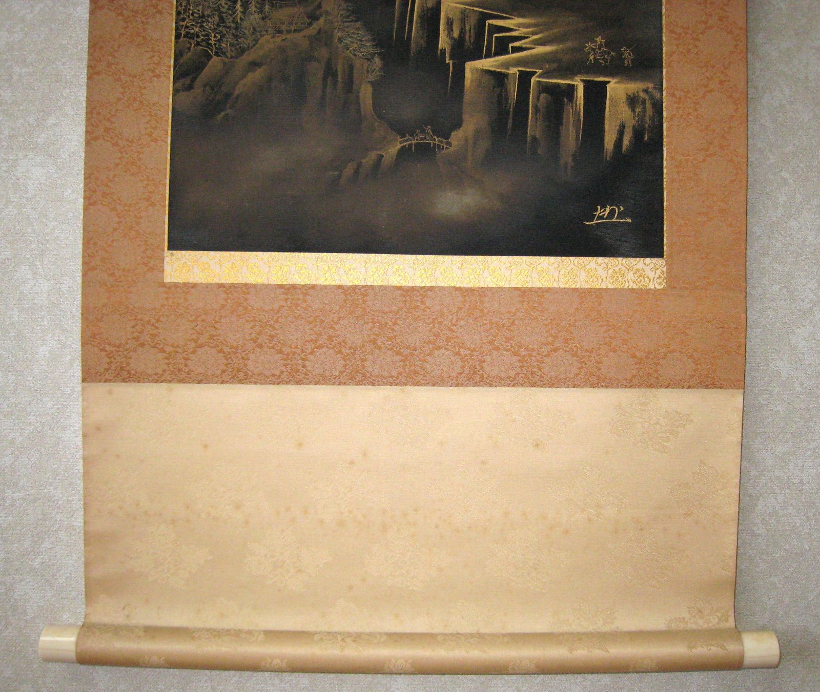 真筆】掛け軸 掛軸 百福蓬莱山◇長島博山 (黒絹本金泥) 共箱・二重箱