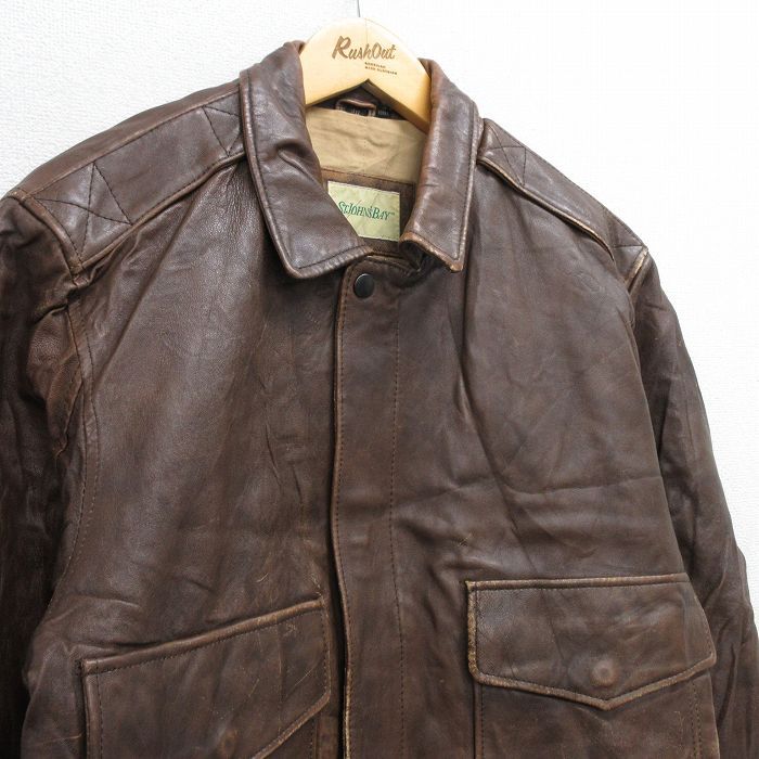 M 古着 セントジョンズベイ 長袖 レザー ジャケット メンズ 90s 茶 ブラウン 25oct27 アウター 革ジャン 皮ジャン