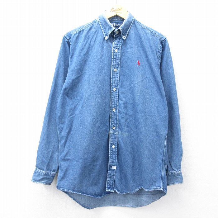 L 古着 ラルフローレン 長袖 ブランド シャツ メンズ 90s ワンポイントロゴ コットン ボタンダウン 紺 ネイビー デニム spe 25oct27