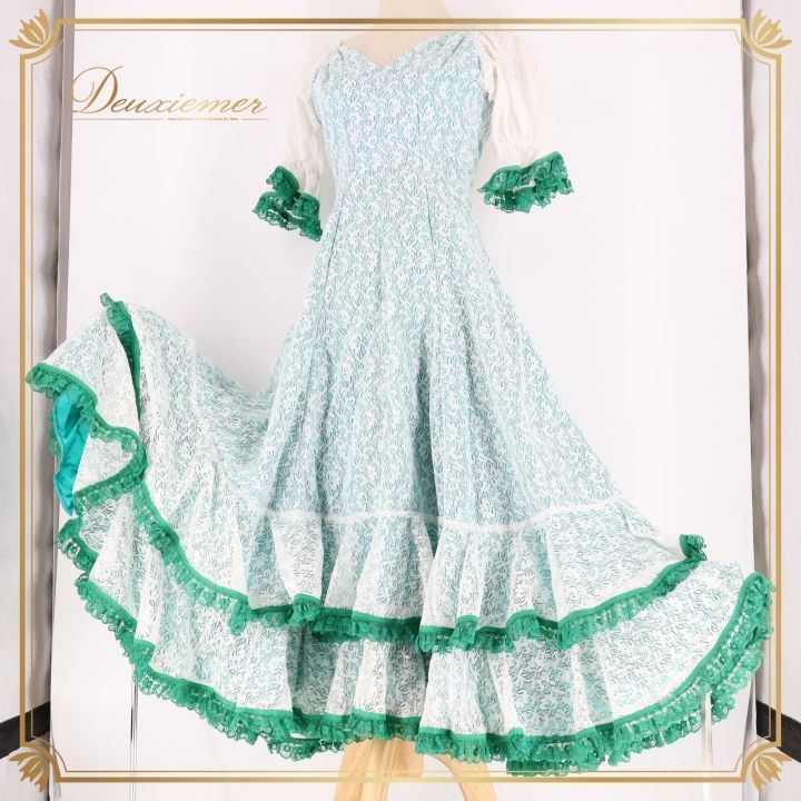 フラメンコ 衣装 ワンピース ドレス レース 緑 青 感 フリル ボランテ ダンス パーティ 発表会 ホワイト系 グリーン系 おしゃれ エレガント ステージ衣装 ダンス衣装 レディース ふんわり レトロデザイン