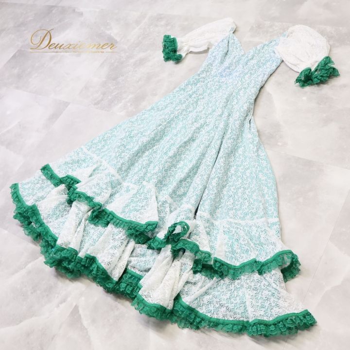 フラメンコ 衣装 ワンピース ドレス レース 緑 青 感 フリル ボランテ ダンス パーティ 発表会 ホワイト系 グリーン系 おしゃれ エレガント ステージ衣装 ダンス衣装 レディース ふんわり レトロデザイン LLC-HASEGAWATOSO_COM