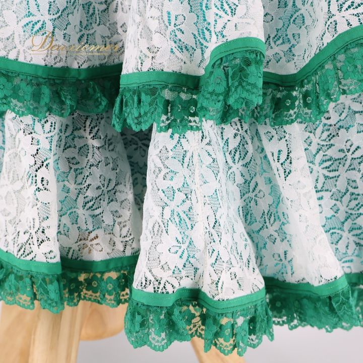 フラメンコ 衣装 ワンピース ドレス レース 緑 青 感 フリル ボランテ ダンス パーティ 発表会 ホワイト系 グリーン系 おしゃれ エレガント ステージ衣装 ダンス衣装 レディース ふんわり レトロデザイン