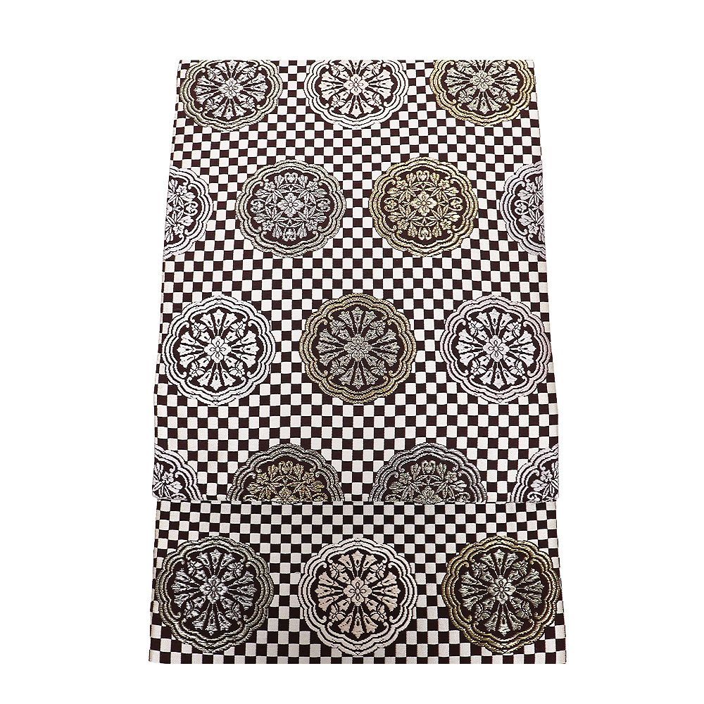 礼装用 袋帯 正絹 小豆色 白 市松模様 金 銀 華文 Mサイズ F8345 レディース シルク ギフト フォーマル 30代 40代 50代