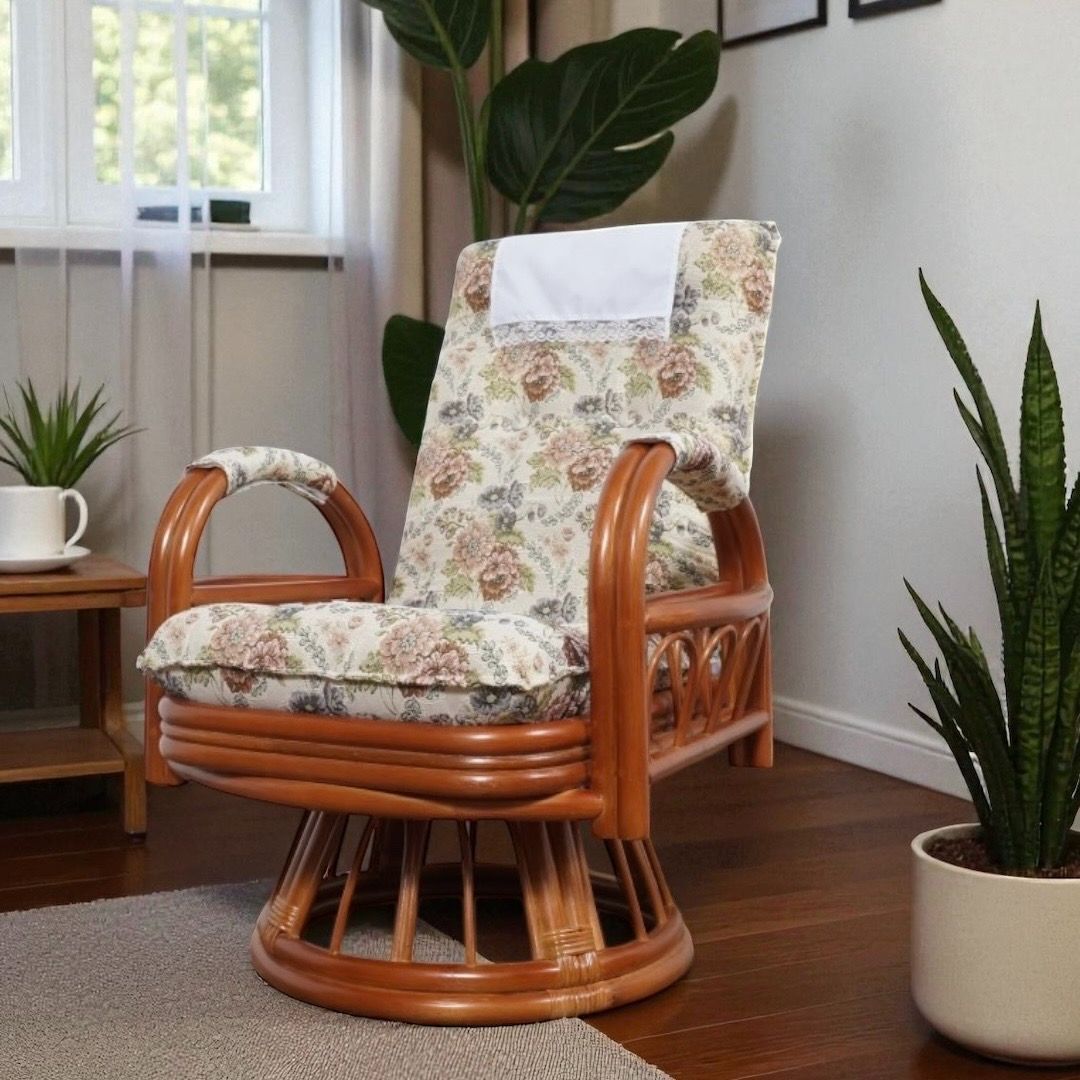 送料無料 E ゆったり寛げる ラタン 3段階リクライニング座椅子 360度回転式 ハイタイプ アウトレット