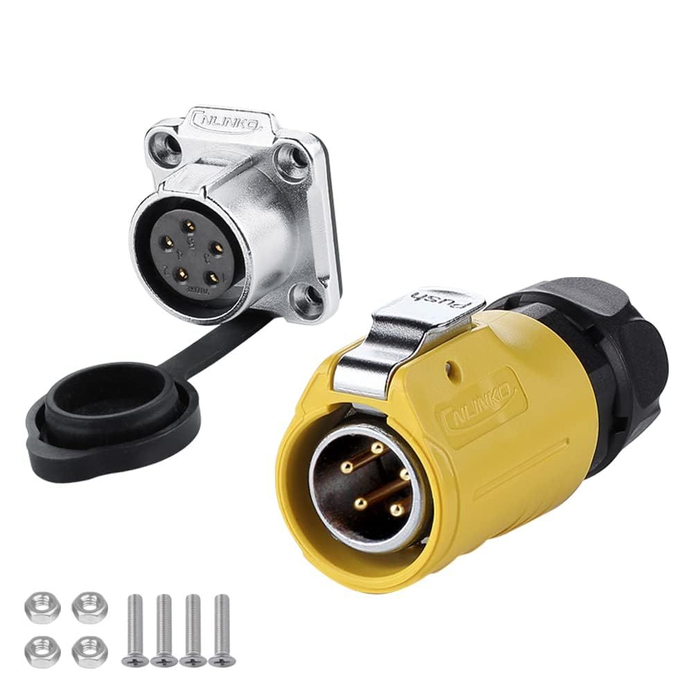新品 CNLINKO LP20 5ピン防水コネクタ - M20 10A 500V円形コネクタ、IP68ファストロッキングオスおよびメス屋外電源コネクタ、産業用電気コネクタ（イエロー5ピン）