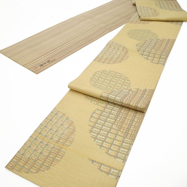 袋帯 リサイクル 全通 正絹 リバーシブル 伝統工芸士 木野正夫 手染屋吉兵衛 金ベージュ地 丸文 格子金銀糸 薄茶ベージュ 志毛引染 しけ引染め セミフォーマル カジュアル 春 秋 冬 両面 仕立て上がり みやがわ sb54648