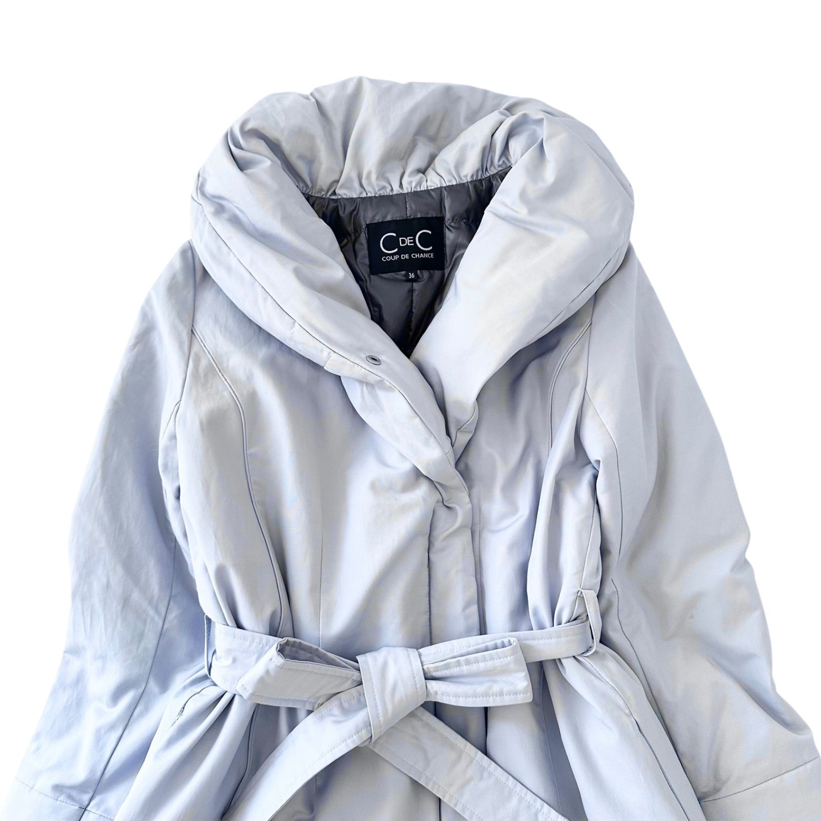 クードシャンス ショール ロングダウンコート ウエストリボン アイスブルー 36 Sサイズ