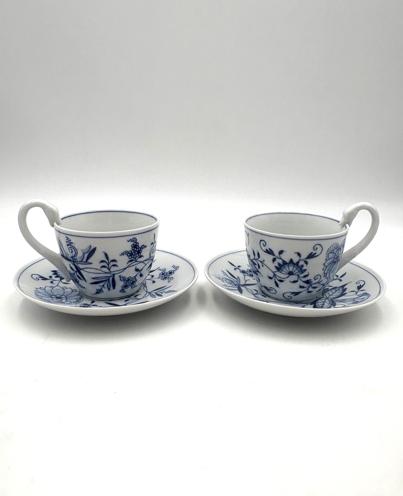 Meissen マイセン ブルーオニオン スワン 頭 ハンドル ハイハンドル カップ＆ソーサー 2客ペア