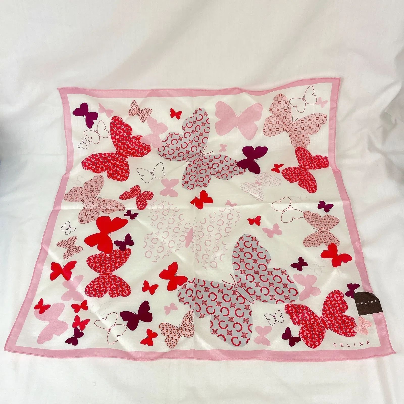 松前202 CELINE セリーヌ 大判 ハンカチ 未使用保管品 マカダム柄 蝶々