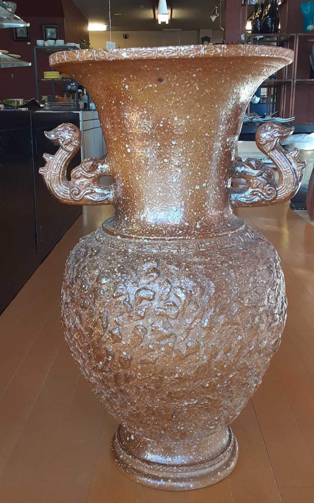 信楽焼 火色 緋色 耳付き大花瓶 大花入れ 飾り壺