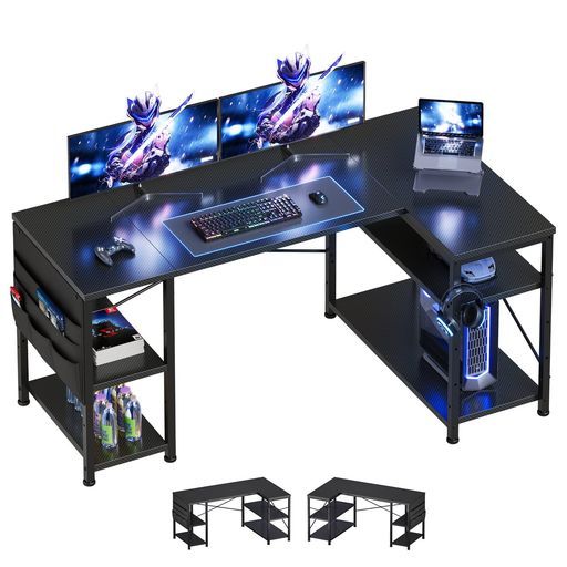 YeTomゲーミングデスクl字デスク机pcデスク幅130cmパソコンデスク勉強机学習机左右入替可棚板高さ調節 収納袋付きオフィスデスクワークデスク黒い