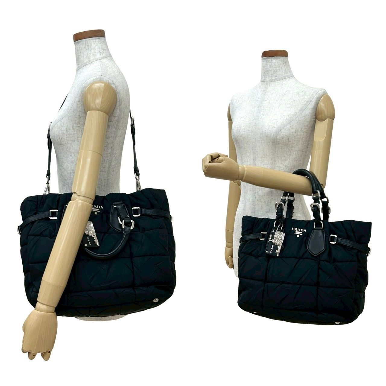 チャーム付き PRADA プラダ ロゴ 金具 キルティング ナイロン レザー 本革 2way ハンドバッグ ショルダーバッグ ブラック 29661