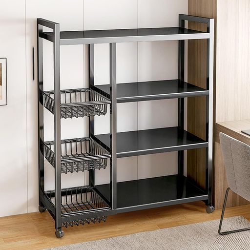 HEEOREVスチールラック棚キャスター付きキッチンラックキッチン収納食器棚収納棚 ブラックサイズ 92x32x110cm レンジ台電子レンジ台3つのワイヤーバスケットが付いている調節 な4段の台…