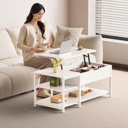 YeTomローテーブル昇降式一人暮らしリビングテーブル隠す収納天板昇降高さ調整大容量簡単開閉ガス圧式幅80 奥行40 高さ40-54.6cm白い