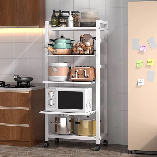 キッチンラックレンジラック5段スライド式棚板ストッパーキャスターアジャスター付き耐荷重60kg錆び防止オープンラックレンジ台食器棚キッチン収納頑丈幅55cmx奥行き32cmx高さ123cm