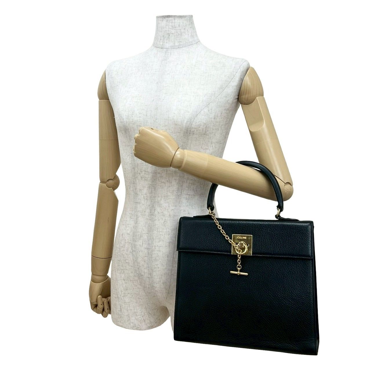 袋付き CELINE セリーヌ ヴィンテージ ロゴ リング チェーン 金具 レザー 本革 ハンドバッグ ミニ トートバッグ ブラック 41716