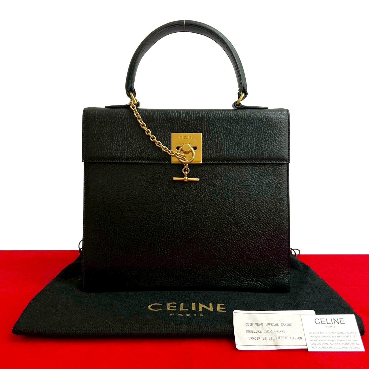 袋付き CELINE セリーヌ ヴィンテージ ロゴ リング チェーン 金具 レザー 本革 ハンドバッグ ミニ トートバッグ ブラック 41716