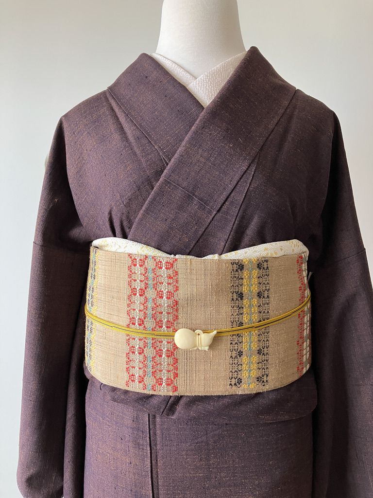 真綿紬着物 焦茶×赤紫ニュアンス シンプル無地 K191