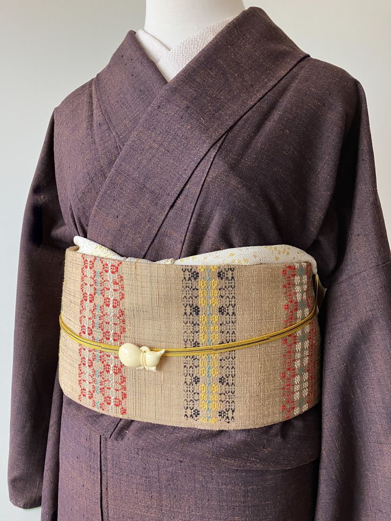 真綿紬着物 焦茶×赤紫ニュアンス シンプル無地 K191