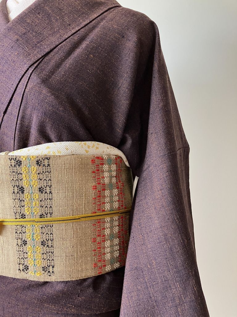 真綿紬着物 焦茶×赤紫ニュアンス