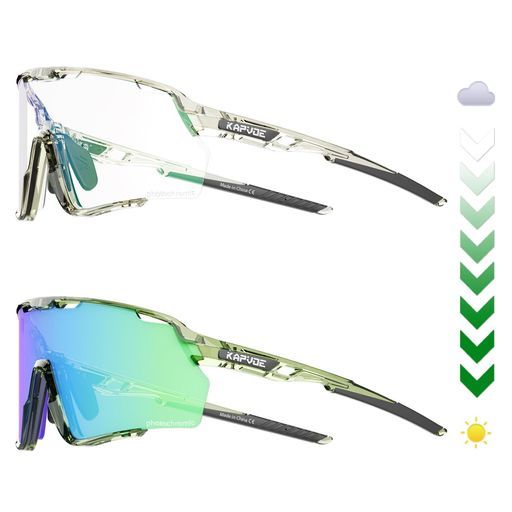 KAPVOE調光サングラススポーツサングラスユニセックスサイクリンググラス偏光サングラスロードバイクサイクリングスポーツトライアスロンランニング 防曇調光グリーン