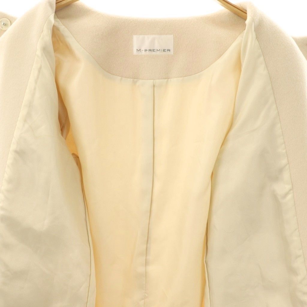M-PREMIER ウール　ダブルフェイス　ノーカラー　コート　白　36 エムプルミエ ウールダブルフェイスノーカラーコート