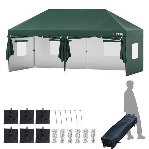 CYFIEタープテント3mx6mサイドシート6枚付きワンタッチ式3段調節UVカット遮熱耐水収納ケース付き大型テントアウトドアキャンプイベント運動会業務用祭り屋台 グリーン3mx6mサイドシート6枚…