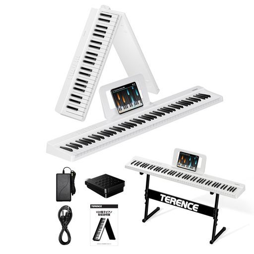 TERENCE電子ピアノ88鍵盤折り畳み式キーボードタッチレスポンス鍵盤4ユニットスピーカー生ピアノと同じ鍵盤サイズMIDI対応キーボードスタンド|ペタル付き充電型128種音色コンパクト持ち運…
